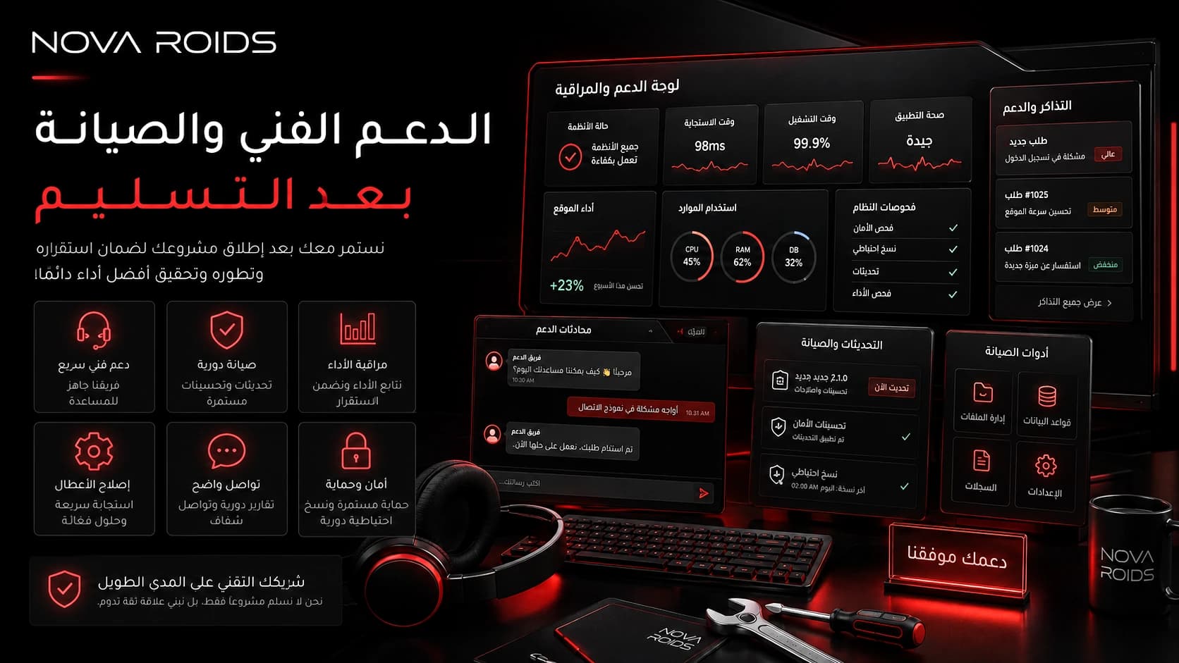 الدعم الفني بعد تسليم الموقع أو التطبيق والصيانة المستمرة