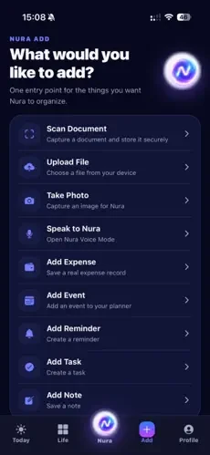 Nura AI add screen for documents photos voice expenses events reminders tasks and notes