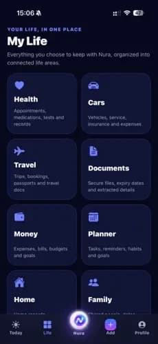 Nura AI My Life dashboard with health cars travel documents money and planner