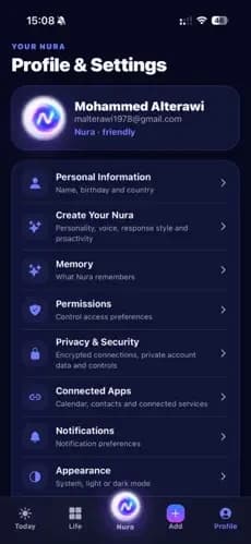 Nura AI profile settings with memory permissions privacy and connected apps
