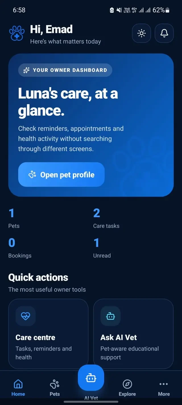 واجهة منصة PetCare+ للعناية بالحيوانات