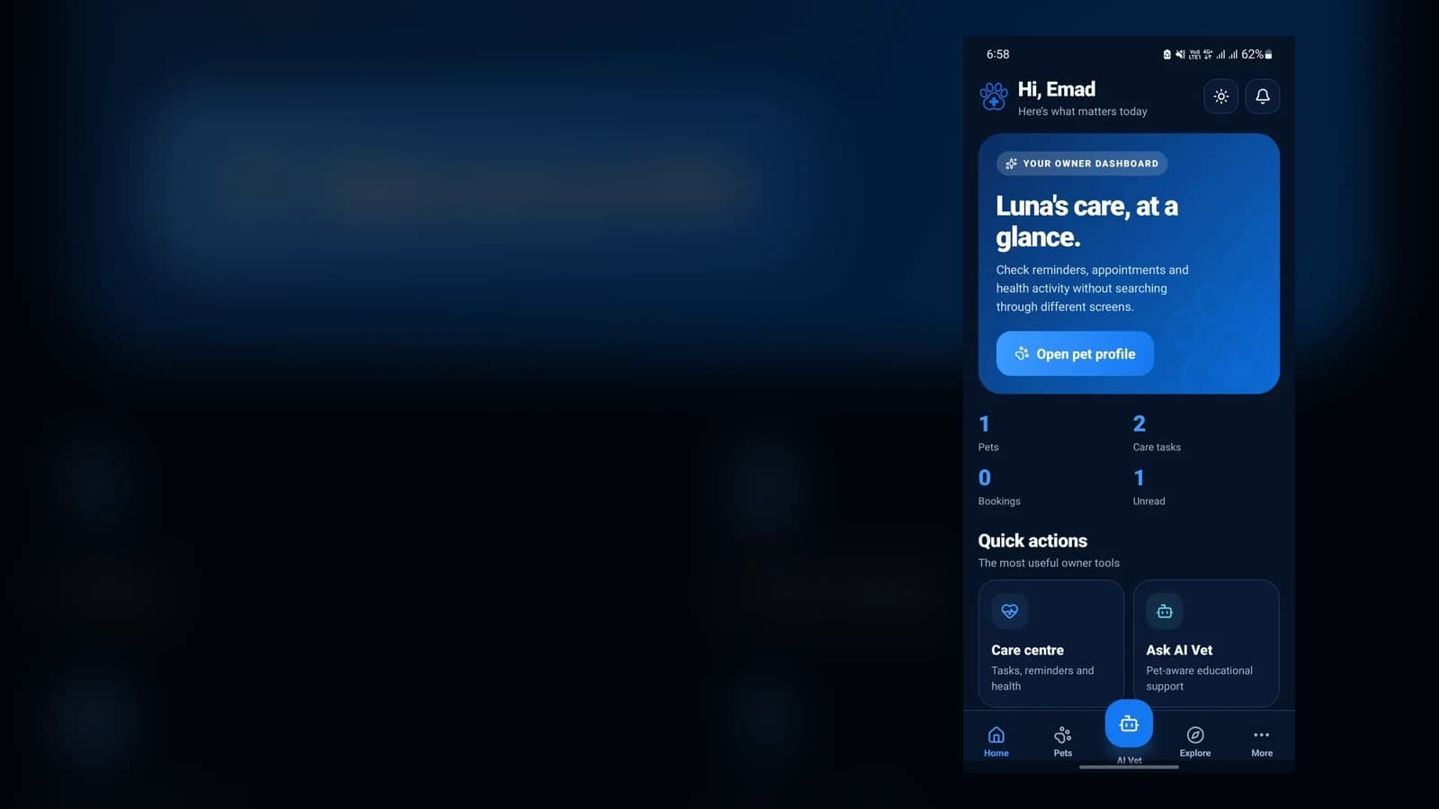 PetCare+ pet care app dashboard used as a pet care app development case study