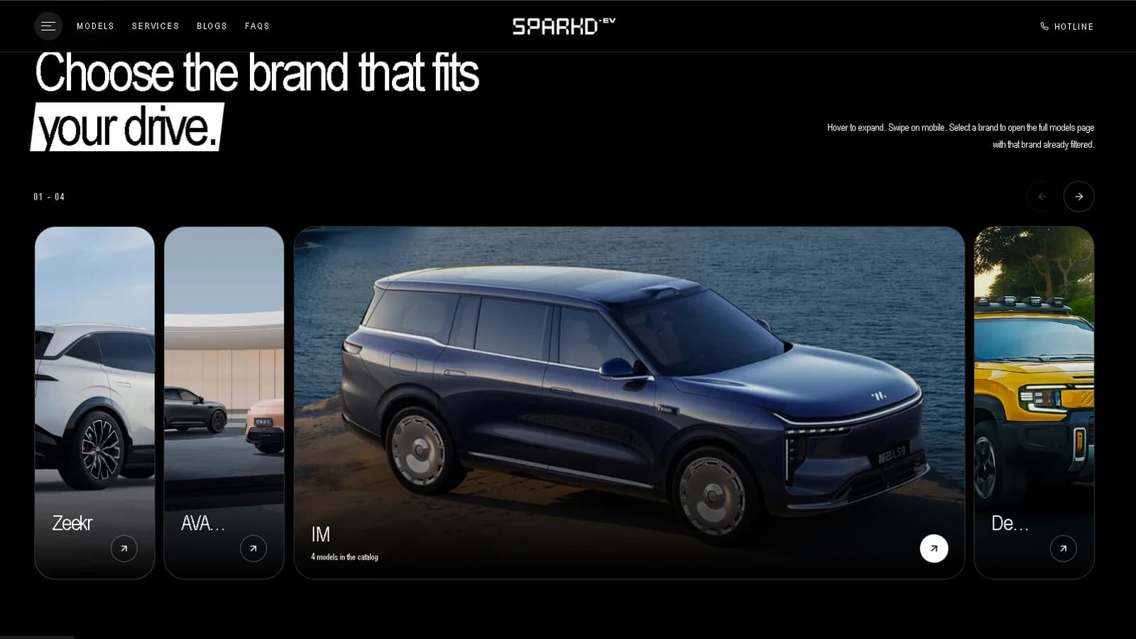 SPARKD-EV website brand selector for Zeekr AVATR IM Deepal Geely ROX Smart and Genesis